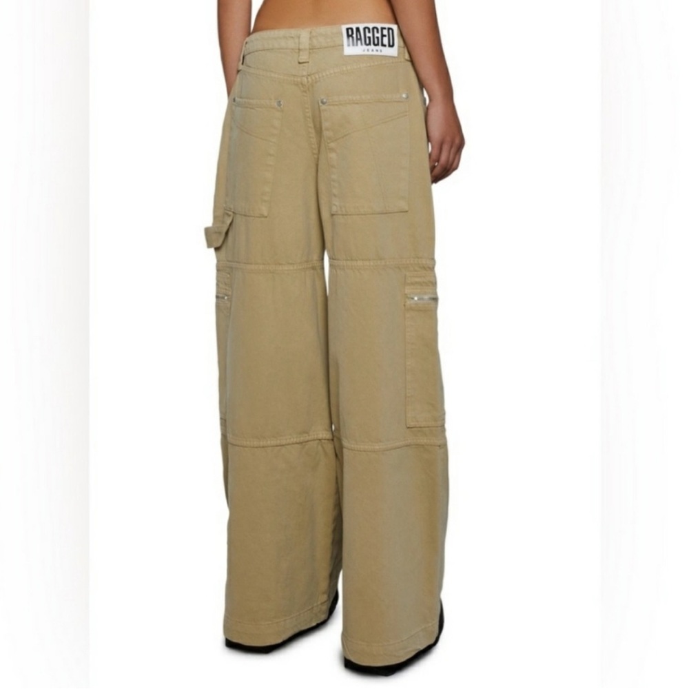 The Ragged Priest Super Wide Leg High Rise Cargo Zip Jean in Khaki.
